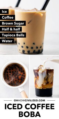 iced coffee with ice, brown sugar, half and half cappucci balls water