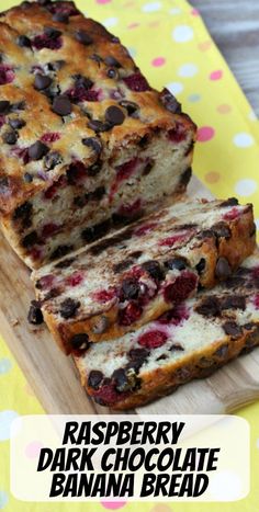 raspberry dark chocolate banana bread on a cutting board