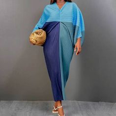 Colorblock Miyake Style Pleated Lantern Bat Sleeve Maxi Dress Unlined No Pockets Polyester Blue Long Sleeve Patchwork Maxi Dress, Blue Long Sleeve Maxi Dress With Patchwork, Blue V-neck Dress With Patchwork, Blue Patchwork V-neck Dress, Casual Blue Color Block Maxi Dress, Bat Sleeves Dress, Bat Sleeve, Modern Dress, Loose Dress