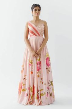 Buy Pink Georgette Crepe Hand Painted Floral Motifs V Neck Gown For Women by suruchi parakh Online at Aza Fashions. Pleated Gown With Fitted Bodice In Maxi Length, Pleated Maxi Gown With Fitted Bodice, Pleated Maxi Length Gown With Fitted Bodice, Sleeveless Silk Gown With Lined Bodice, Summer Sleeveless Gown For Wedding Guest, Summer Wedding Guest Sleeveless Gown, Sleeveless Pleated Gown For Gala, Sleeveless Gown With Pleated Fitted Bodice, Sleeveless Pleated Gala Gown