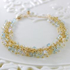 Pastel Blue Aquamarine Jewelry Gold Multicolor Gemstone Bridal Wedding Bracelet  295 Elegant Hand-strung Aquamarine Jewelry, Handmade Aquamarine Bracelet, Gold Aquamarine Bracelet Gift, Gold Blue Topaz Bracelet, Elegant Gold Aquamarine Bracelet, Gold Aquamarine Jewelry With Gemstone Beads, Gold Aquamarine Gemstone Beads Jewelry, Aquamarine Gemstone Bracelet, Gold Aquamarine Briolette Jewelry