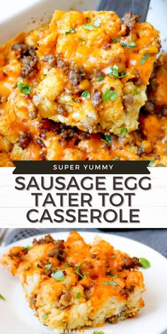 sausage egg tater tot casserole on a plate with the title above it