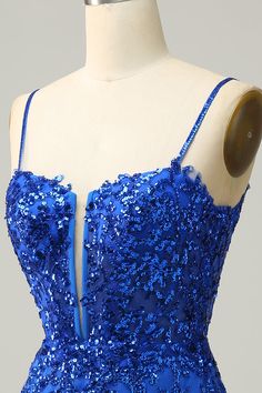 Sequins Spaghetti Straps Royal Blue Short Homecoming Dress Blue Prom Evening Dress With Corset Back, Summer Homecoming Evening Dress With Sweetheart Neckline, Banquet Gown With Spaghetti Straps And Fitted Bodice, Spaghetti Strap Gown For Prom Season Banquet, Gala Party Evening Dress With Corset Back, Gala Evening Dress With Corset Back, Blue Prom Gown With Corset Back, Blue Evening Dress For Homecoming Party Season, Summer Prom Evening Dress With Corset Back