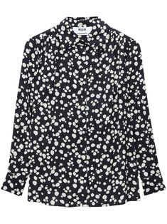 black/white polka dot print straight-point collar concealed front button fastening long sleeves straight hem Long Sleeve Polka-dot Blouse With Button Closure, Polka Dot Long Sleeve Blouse With Button Closure, Polka Dot Shirt With Button Closure For Work, Long Sleeve Polka Dot Top With Relaxed Fit, Polka Dot Long Sleeve Top With Relaxed Fit, Polka Dot Long Sleeve Blouse For Work, Polka Dot Collared Blouse For Work, Spring Polka Dot Shirt For Work, Polka Dot Long Sleeve Shirt For Workwear