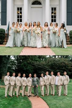 the bride and groomsmid are posing for pictures in front of their wedding party