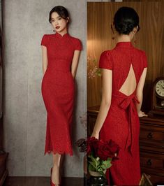 Red Lace Open Back Cheongsam Dress Tea Ceremony Dress, Qipao Wedding, Red Qipao, Mandarin Collar Dress, Chinese Wedding Dress, Chinese Style Dress, Qipao Cheongsam, Qipao Dress, Cheongsam Dress