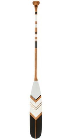 a wooden paddle with black, white and gold stripes on the bottom is standing upright in front of a white background