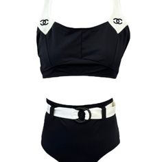 Ab: Good Condition, Used. Please Check Photos For Detail. Underarm To Underarm: 12.6 Inches (32cm) Waist: 23.6 Inches (60cm) Chanel Swim, Chanel Vintage, Vintage Chanel, Womens Swim, 6 Inches, Chanel, Swimming, Black White, Black And White