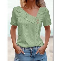 Season:Summer; Fabric:Polyester; Sleeve Length:Short Sleeve; Gender:Women's; Style:Stylish,Elegant; Tops Type:Eyelet top,Dressy Tops; Occasion:Daily; Pattern:Plain,Solid Color; Design:Buttons,Eyelet; Neckline:Asymmetrical; Front page:FF; Listing Date:07/02/2024; Bust:null; Length:null; Fit US Size:null; Fit UK Size:null; Fit EU Size:null Elegant Tops, Eyelet Top, Grass Green, Dressy Tops, Women Shirts Blouse, Fashion Mode, Primavera Estate, Season Summer, Shirt Online