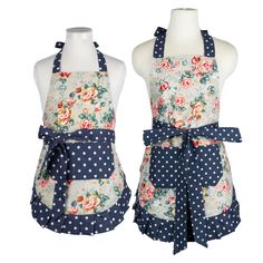 two aprons with flowers and polka dots on them