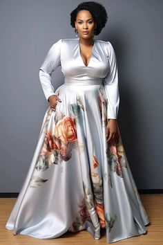 Xpluswear Design Plus Size Formal Silver Floral V Neck Long Sleeve Pocket Satin Maxi Dresses - Xpluswear Grandmother Of The Groom Dress, Mother Of The Bride Dresses Plus Size Full Figure Fall, Wedding Dresses Guest Fall, Plus Size Mother Of The Bride, December Wedding Guest Outfits, Plus Size Fall Wedding Guest, Plus Size Formal Dresses For Wedding, Latest Chiffon Gown Styles, Latest Material Gown Styles