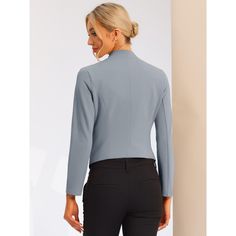 Shell: 95% Polyester, 5% Spandex. Lining: 100% Polyester. It creates a modern sleek look even at the office with this stunning cropped office blazer jacket. This smart collarless blazer features an angled hem that's shorter in the back for a fashionably cool look. An open-front design with hook eye closure for showing your amazing top inside. This piece makes you outstanding whether for a professional or a casual look. Suitable for Office look. Sleek Cropped Outerwear For Work, Tailored Cropped Blazer For Workwear, Fitted Long Sleeve Cropped Jacket For Work, Fitted Cropped Jacket With Long Sleeves For Work, Sleek Fitted Cropped Jacket With Long Sleeves, Fitted Cropped Jacket For Work, Fitted Long Sleeve Cropped Jacket For Business Casual, Fitted Cropped Blazer For Business Casual, Cropped Fitted Blazer For Business Casual