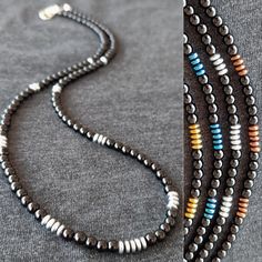 - 2024 Creation Handcrafted Minimalist Onyx and Hematite Necklace - Details used in our necklace; 1 - Onyx : 4mm 2 - Hematite (Silver, Gold, Copper, Blue) : 4mm 3 - Stainless Steel Lobster Clasp 4 - Extra Durable Stainless Steel Wire - - - The Choker You See in the Pictures is 18 inches. Step into the realm of timeless elegance with our exquisite Onyx Necklace adorned with Silver Hematite, a mesmerizing fusion of sophistication and natural beauty. Handcrafted with precision and care, each neckla Black Hematite Beaded Necklaces With Round Beads, Manly Necklace, Present For Boyfriend, Masculine Jewelry, Western Grunge, Beaded Items, Mens Beaded Necklaces, Onyx Crystal, Hematite Necklace