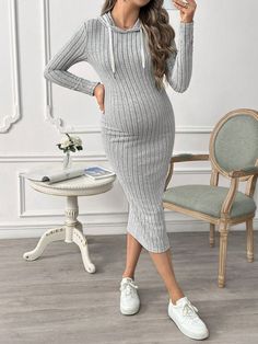 Pregnant Women's Plain Minimalist Casual Hooded Long Sleeve Dress Light Grey   Long Sleeve Knitted Fabric   High Stretch  Maternity Clothing, size features are:Bust: ,Length: ,Sleeve Length: Pink Maternity Dress, Slim Fit Top, Maternity Clothing, Elegant Dresses Long, Kids Beachwear, Grey Long Sleeve, Elegant Dress, Long Sleeve Knit, Pregnant Women