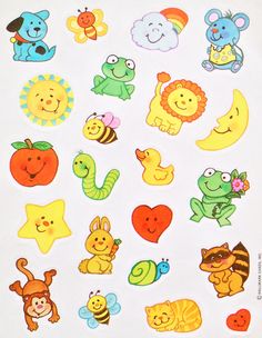 an assortment of cartoon stickers on a white sheet with the words happy and colorful animals