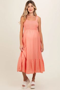 Coral Smocked Bodice Maternity Maxi Dress– PinkBlush Casual Smock Dress With Empire Waist, Casual Maternity Dresses With Ruched Detail, Casual Summer Maternity Smocked Dress, Maternity Smocked Dress With Ruched Details, Casual Maternity Midi Dress With Smocked Back, Casual Smock Maternity Dresses, Casual Maternity Smock Dresses, Spring Casual Smocked Maternity Dress, Casual Smocked Maternity Dress For Spring