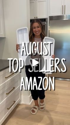 a woman holding up two plastic containers with the words august top sellers amazon on it