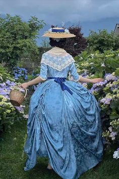 This exquisite Regency Era Blue Jacquard Corset Dress with Lace Long Sleeve is the perfect choice for a special occasion. This elegant ball gown features a beautiful blue jacquard bodice with a delicate lace overlay and a full skirt with lace accents. The bodice is corseted for a flattering fit and the long sleeve is finished with lace trim for a truly luxurious look. This dress is sure to be a showstopper at any regency ball or special event. 1870 Dress, Regency Ball Gown, Regency Ball, Georgian Dress, Pretty Paintings, Bridgerton Inspired, Skirt Draping, Historic Fashion, Elegant Ball Gowns