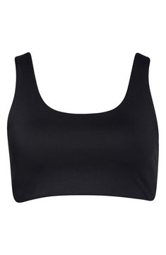 Get into the zone on and off the pickleball court wearing this stretchy, minimalist sports bra with a tonal logo on the back. Elasticized straps Lined 80% polyester, 20% spandex Machine wash, line dry Imported Seamless Nylon Gym Crop Top, Black Sports Bra With Built-in Bra And Minimal Stretch, Sporty Seamless Nylon Crop Top, Black Compressive Scoop Neck Activewear, Black Nylon Sports Crop Top, Black Nylon Sporty Crop Top, Sporty Black Nylon Crop Top, Black Sporty Nylon Crop Top, Black Nylon Crop Top For Sports