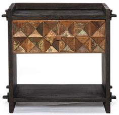 an old wooden table with many different colored tiles on the top and bottom drawer,