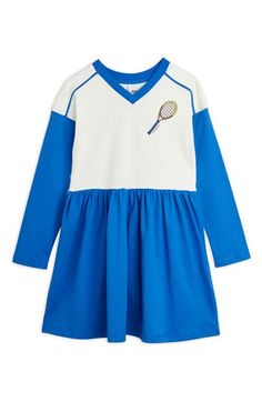 Your little one will ace their sporty looks in this comfortable organic-cotton dress framed with a V-neck and long sleeves. Unlined 100% organic cotton Machine wash, line dry Made in Turkey Casual Blue Tennis Dress For Spring, Sporty V-neck Tennis Dress For Spring, Blue Tennis Dress For Spring, Blue Spring Tennis Dress, Spring Blue Tennis Dress, Cotton Tennis Dress For Spring, Sporty Blue Organic Cotton Tops, V-neck Tennis Dress For Spring, White Cotton Tennis Dress