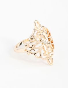 Make a statement in a stunning fashion ring. Stack with other styles for extra impact or wear alone for a refined addition to your ensemble. This ring features a filigree design in a gold tone. Material: Gold Plated Weight: 6.0g | Lovisa Gold Filigree Ring, Size: Small/Medium Gold Flower Ring For Party, Gold Filigree Open Ring, Elegant Open Ring Metal Flower Ring, Elegant Gold Flower Metal Ring, Gold Open Ring Filigree For Formal Occasions, Gold Open Filigree Ring For Formal Occasions, Gold Open Ring Flower Ring For Formal Occasions, Elegant Gold-tone Metal Rings, Elegant Gold Butterfly Ring For Formal Occasions