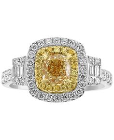 EFFY® HEMATIAN Diamond Halo Ring (1-5/8 ct. t.w.) in 18k Gold & White Gold Fine Jewelry Yellow Diamond Ring With Halo Design, Yellow Diamond Ring With Halo Setting, Yellow Diamond Ring With Cushion Cut, Yellow Cushion Cut Diamond Ring With Halo Setting, Yellow Cushion Cut Diamond Ring With Center Stone, Yellow Diamond Rings With Halo Design, Yellow Diamond Ring With Halo, Yellow Diamond Halo Jewelry, Yellow Halo Rings Fine Jewelry