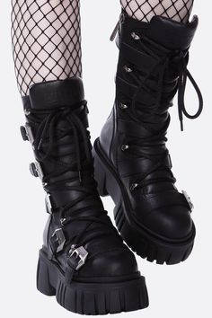 BEELZEBUB. - Faux Leather [Forever].- Chunky Sole.- Statement Straps.- Lace-Up Front. With KILLSTAR Branding, 100% Synthetic Materials. Botas Goth, Emo Boots, Ash Boots, Goth Boots, Goth Shoes, Gothic Boots, Demonia Shoes, 2010 Fashion, Black Wardrobe