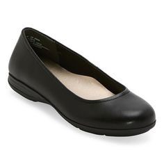 These women's Erin ballet flats by east 5th combine classic style with functionality. Made from smooth faux leather with a super comfortable rubberized sole, this slip-on pair has a classic closed round-toe shape and memory foam cushioning for extra comfort. Wear them with dresses for work or with jeans and a tee. Features: Memory FoamClosure Type: Slip-OnFootwear Technology: Memory Foam InsoleShoe Heel Height: 1 InchUpper/Outer Base Material: 100% PolyurethaneShoe Lining Material: PolyurethaneS Black Work Shoes Women, Black Work Shoes, Shoes Ballet Flats, Foam Shoes, Ballet Flats Black, Memory Foam Shoes, Work Shoes Women, Black Ballet Flats, Comfort Wear