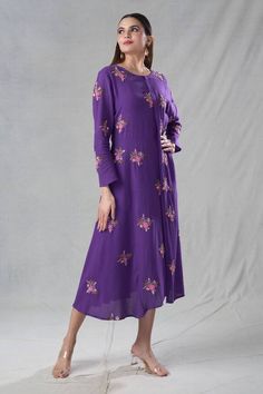 Purple dress with floral motifs all over in sequins, zardozi, thread work hand embroidery. - Aza Fashions Fitted Dress With Multicolor Embroidery For Diwali, Navratri Embroidered Straight Kurta Dress, Semi-stitched Anarkali Dress With Floral Embroidery, Unstitched Silk Dress With Intricate Embroidery, Bollywood Style Embroidered Dress With Mirror Work, Embroidered Anarkali Georgette Dress, Multicolor Resham Embroidered Dress For Reception, Designer Multicolor Embroidered Dress For Diwali, Embroidered Long Sleeve Dresses For Navratri