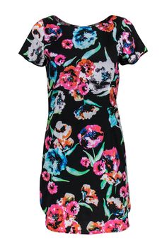 Current Boutique-Yumi Kim - Black Floral Fitted Boat Neck Dress Sz S Formal Short Sleeve Floral Dress For Spring, Elegant Multicolor Floral Printed Dress, Elegant Multicolor Printed Floral Dress, Elegant Multicolor Floral Dress With Short Sleeves, Elegant Black Printed Floral Dress, Formal Fitted Floral Print Dress, Knee-length Floral Print Dress For Formal Events, Chic Fitted Floral Dress For Formal Occasions, Elegant Multicolor Floral Dress