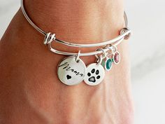 Dog Mom Bracelet - Personalized Birthstone Bracelet, Paw Print Bracelet, Pet Memorial Bracelet, Mother's Day Gift, Custom Gift, Engraved Adjustable Birthstone Bracelets As Gift For Mom, Nickel-free Crystal Bangle Bracelet For Gift, Adjustable Bangle Jewelry Gift For Mom, Personalized Silver Crystal Bracelet, Adjustable, Adjustable Charm Bracelet With Birthstone, Adjustable Bangle Bracelets With Birthstone, Adjustable Bangle Bracelet With Birthstone, Adjustable Birthstone Charm Bracelet, Adjustable Birthstone Bangle Bracelet