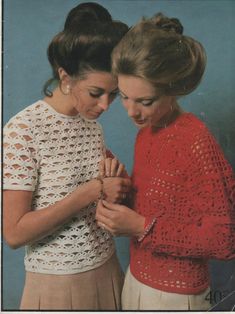 two young women standing next to each other in front of a blue background with text that reads, free crochet patterns for sweaters