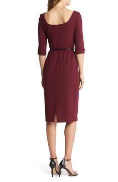 A slender belt accentuates the waist of this figure-skimming sheath that will take you from office meetings to fanciful dinners with sophisticated style. 62% polyamide, 33% viscose, 5% elastane Dry clean Made in the USA of imported fabric Fall Belted Dress For Date Night, Fall Date Night Belted Dress, Knee-length Belted Dress For Date Night, Fitted Knee-length Belted Dress For Fall, Fitted Belted Knee-length Dress For Fall, Fitted Dress With Belt For Date Night, Fitted Belted Dress For Formal Fall Events, Fitted Belted Dress For Date Night, Formal Fitted Belted Dress For Fall