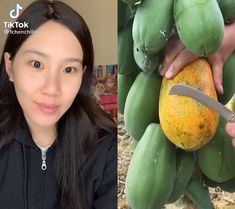 a woman holding a knife next to a bunch of papaya and another photo of the same person