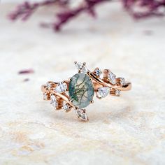 Nature Inspired Design Flora Rings Oval Cut Moss Agate Ring For Ladies anniversary ring best gift Miss Agate Ring, Moss Agate Rings, Gold Oval Ring, Green Agate Ring, Agate Rings, Rings Oval, Rutilated Quartz Ring, Art Ring, Moss Agate Ring