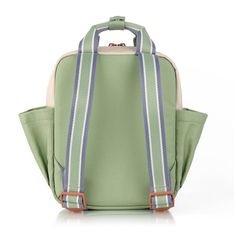 a green backpack with blue and white stripes on the front, sitting against a white background