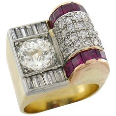 Stunning Retro ring created in Europe in the 1940's featuring an exceptional rare cut diamond with the characteristics of both, rose and brilliant cuts, called the JUBILEE cut. The diamond weight was estimated as approximately 1.85-carat, N color, VS1 clarity. The ring is asymmetrical and holds also single and baguette cut diamonds and table cut rubies. The ring is made of 14 karat yellow gold, the diamonds are set in 18 karat white gold, the rubies - in 14 karat rose gold. This is a very though Art Deco Diamond Cluster Ring With 17 Jewels, Art Deco Diamond White Ring With 17 Jewels, Art Deco Diamond Ring With 17 Jewels, Art Deco Diamond Rings With 17 Jewels, Art Deco Ring With 17 Jewels In Round Cut, Art Deco Ring In Diamond White With Jewels, Vintage Diamond Signet Ring With Brilliant Cut, Vintage Diamond Ring With Baguette Cut Center Stone, Vintage Diamond Signet Ring With Prong Setting