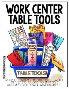 a poster with the words work center table tools in it's blue container and various types of cards