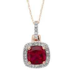 "This product may experience shipping delays beyond promise date expressed at check out and email.A lab-created ruby gemstone surrounded by shimmering diamonds gives this halo pendant unsurpassed beauty. A lab-created ruby gemstone surrounded by shimmering diamonds gives this halo pendant unsurpassed beauty. NECKLACE DETAILS Chain type: rope Packaging: boxed Pendant size: .75"" x .40"" 10k gold Length: 18-inch Clasp: spring-ringSTONE DETAILS Weight: 1/8 ct. Stone: Lab-Created Ruby Shape: Cushion Fine Jewelry Ruby Diamond Necklace Brilliant Cut, Formal Ruby Necklace With Halo Setting, Red Diamond Cut Necklace, Red Diamond Cut Necklace For Formal Occasions, Formal Red Diamond Cut Necklace, Classic Ruby Necklace With Diamond Cut, Fine Jewelry Red Diamond Necklace With Brilliant Cut, Red Diamond Necklace With Accents, Ruby Pendant With Diamond Cut