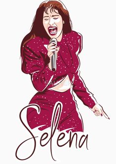 a woman singing into a microphone with the word selena in front of her