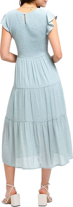 Blu Pepper Flutter Sleeve Smocked Tiered Midi Dress | Nordstromrack Flowy Knee-length Smocked Sundress, Solid Color Tiered Midi Dress For Summer, Ruched Tiered Midi Dress, Solid Ruched Tiered Midi Dress, Modest Midi-length Smocked Summer Dress, Modest Fitted Smocked Dress, Modest Smocked Dress For Summer, Solid Color Midi Smocked Dress For Spring, Fitted Modest Smocked Dress