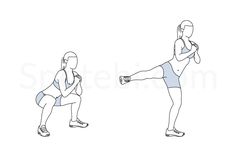 a line drawing of a woman doing squats with one arm extended and the other hand on her hip