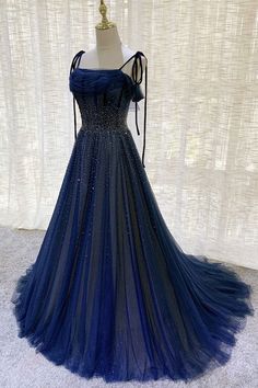 Gorgeous Dark Blue Tulle Beaded Long Prom Dresses, Navy Blue Beaded Formal Dresses, Long Dark Blue Evening Dresses Dark Blue Prom Dress Long, Dark Blue Dress Formal, Mystique Aesthetic, Midnight Blue Prom Dress, Dark Prom Dresses, Dark Blue Evening Dress, Dark Blue Formal Dress, Prom Dress Dark Blue, Premier Outfits