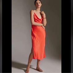 Nwt Satin Coral Slip Midi Dress From Express Beautiful Satin Coral Slip Dress From Express. Has A Draped Neckline And Is Midi-Length. Originally Paid $99 Bias Slip Dress, Red Slip Dress, Dress Drape, Red Fits, Red Mini Dress, Anthropologie Dress, Knit Sweater Cardigan, Anthropologie Dresses, Cocktail Dress Party