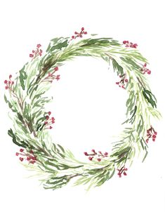 a watercolor drawing of a wreath with red berries