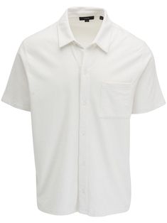 off-white cotton jersey texture sueded finish classic collar front button fastening short sleeves chest patch pocket straight hem White Collared Shirt Men, Classic Cotton Button-up T-shirt, Collared Cotton T-shirt With Placket, Cotton Collared T-shirt With Placket, Cotton Tops With Welt Pockets And Collared Neckline, Classic Short Sleeve T-shirt With Placket, Solid Color Collared T-shirt With Pockets, Solid Collared T-shirt With Pockets, White Johnny Collar Tops With Pockets