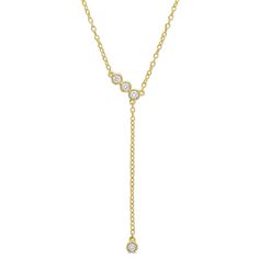 Wear this dazzling Lab Grown Diamond Lariat Drop Necklace with any ensemble for a polished look. Mounted in flickering yellow gold plated sterling silver, this necklace features four round-cut, gleaming Lab Grown diamonds (2 x 2mm) that are embellished on the necklace in bezel setting. Suspended on 18-inch round cable chain, this necklace is secured with a spring ring clasp. Enhanced with a high polish finish, this necklace is a valuable addition to any jewelry collection. Coordinate this simple Luxury Gold Lariat Necklace For Anniversary, Luxury Gold Lariat Diamond Necklace, Gold Lariat Diamond Necklace Luxury Style, Luxury Yellow Gold Lariat Necklace For Anniversary, Yellow Gold Lariat Necklace Fine Jewelry, Elegant Round Gold Plated Lariat Necklace, Elegant Round Gold-plated Lariat Necklace, Yellow Gold Sterling Silver Lariat Necklace With Adjustable Chain, Fine Jewelry Yellow Gold Lariat Necklace