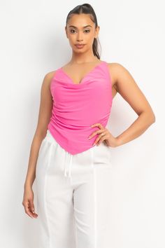 Summer Havana Cowl Neck Top A sleek style crop top with mesh overlay featuring a crew neckline, elasticized sleeve detail, shirred, solid color, and fitted. True to size fit! Contents: 90% NYLON, 10% SPANDEX LINING: 100% POLYESTER Small: 2/4 Medium: 4/6 Large: 8/10 Disclaimers; Our product colors may vary due to lighting and screen resolutions. Trendy Fitted Tank Top For Parties, Fitted Ruched Top With Foldover Neckline, Fitted Foldover Top With Ruched Details, Fitted Ruched Top With Foldover Shape, Solid Ruched Tops For Night Out, Trendy Stretch Nylon Top, Summer Nylon Tops For Night Out, Spring Solid Stretch Mesh Top, Nylon Tops For Night Out In Summer