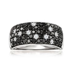 a black and white diamond ring with two rows of diamonds on the band, set in 18k white gold